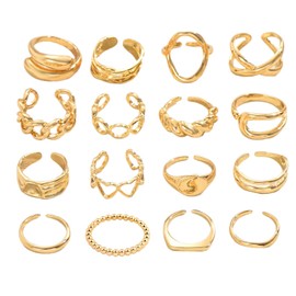 XSDSLS 16 Pcs Gold Chunky Rings for Women Stackable Knuckle Rings Thick Open Rings Adjustable Rings Finger Ring Thumb Rings Joint Ring Jewelry Gifts for Girls
