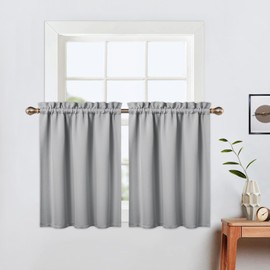 LinTimes Blackout Short Curtains 24 Inches Long for Bathroom Set 2 Panels Rod Pocket Cafe Tier Curtains Light Blocking Blackout Room Darkening Camper Curtains for Small Windows Kitchen Light Grey Wine