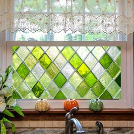 HOMETITUTE Green Diamond Pattern Window Film 39.3x17.7 Inch Stained Glass Privacy Cling Decorative Window Cover UV Blocking No Glue Static Film for Bathroom Kitchen Door Living Room Office