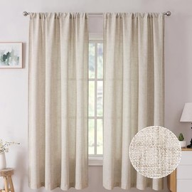 Tollpiz - Cortinas cortas de lino para recámara, con bolsillo para barra, cortinas semitransparentes de lino gruesas para sala de estar, 96.52 x 114.3 cm de largo, color natural, juego de 2 paneles