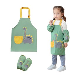 Children's Cooking Set Cooking Apron Kids Aprons Set with Pockets and 2 Sleeves Waterproof Children's Aprons Sleeves Adjustable Toddler Cooking Apron for Boys Girls Crafts Painting Baking Cooking, 2-5