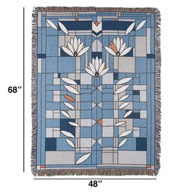 UNI-ART Frank Lloyd Wright(R) Waterlilies Throw Blanket - Blue Geometric & White Flowers, Fringed 50" x 70", 100% Cotton