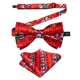 DiBanGu Boys Christmas Bowtie Set Silk Xmas Holiday Pre-tied Bowtie and pocket Square for Kids Festive Bow Tie with Gift Box, Red Santa Claus