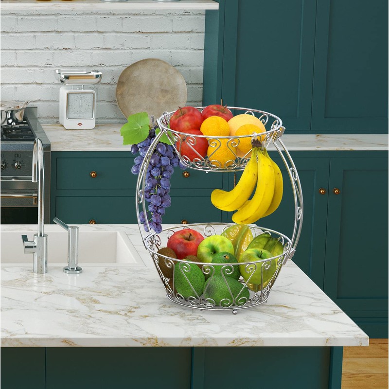 Simple Houseware 2-Tier Countertop Fruit Basket Bowl Storage, Chrome