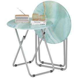 Fleecy day TV Tray Round Table, Small Foldable Table, Portable Dinner Table for Eating, Snack Side Trays Table Set of 2, No Assembly Required (Ocean Blue Marble, 2Pcs)