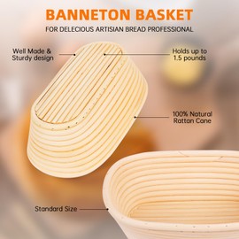 10 inch Bread Proofing Basket Set 100% Natural Bread Banneton Proofing Basket Oval Banneton Bowl Sourdough Bread Making Tools with Dough Whisk, Linen Liner Cloth, Dough Scraper, Bread Lame & Blades