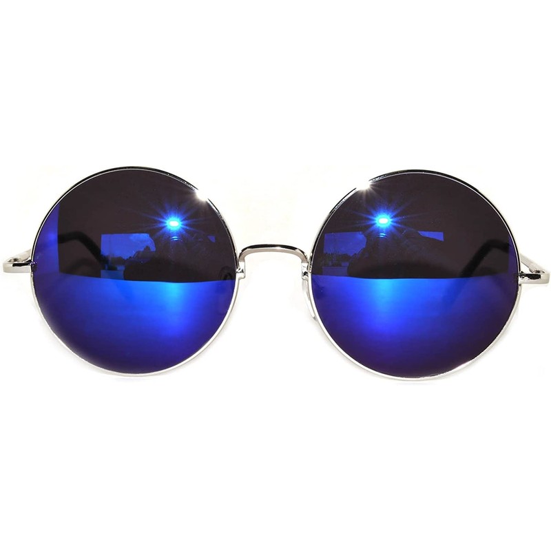 Round Retro Vintage Circle Sunglasses Metal Silver Frame Blue Mirror