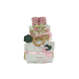 Windeltorte für Baby Mädchen | Greifling und Plüschtier Reh Ella, Body und Babybooties, Personalisierbar (2-stöckig, bedruckt)
