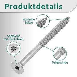 DSM Chipboard Screws 4.5 x 50 mm Stainless Steel A2/V2A Rustproof with Countersunk Head and TX Drive with ETA Approval Wood Screws Partial Thread Wood Screws Universal Screws Pack of 100