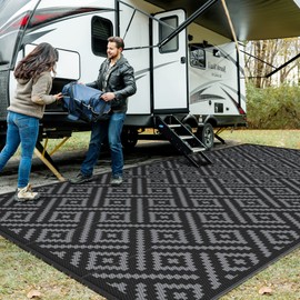 GENIMO GENIMO Outdoor Rug for Patio Clearance,9'x18' Waterproof Mat,Reversible Plastic Camping Rugs,Rv,Porch,Deck,Camper,Balcony,Backyard,Black & Gray