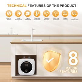 Kenuos Mini Tank Water Heater Electric 2.5 Gallon Under Sink Instant Hot Water Heater with LED Dsiplay,T&P Valve,3-Way Diverter,110V 120V Point Of Use Water Heaters for Kitchen RV Bathroom White