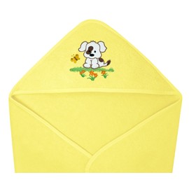 Lashuma Baby Towel with Hood for Girls and Boys, Embroidered Dog, Yellow, Size: 75 x 75 cm