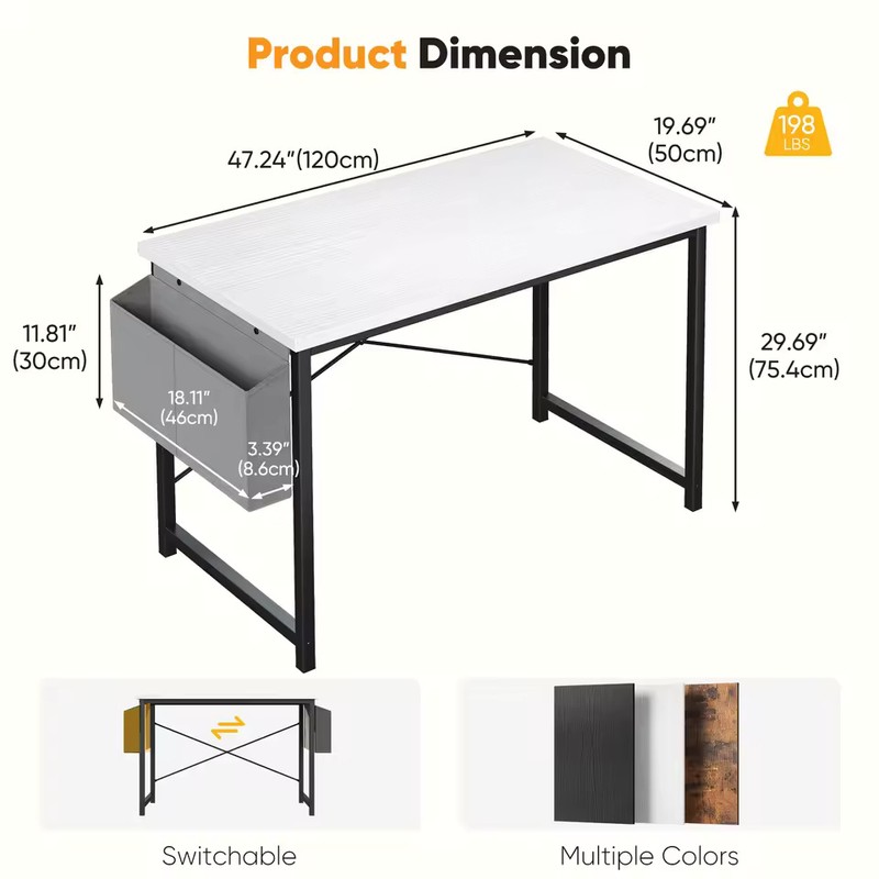 Computer Desk with Storage Bag, Metal Frame Study Table