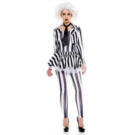 5 PC. Ladies Grave Beetle Ghost Coat Costume Set - Small/Medium - Black/White