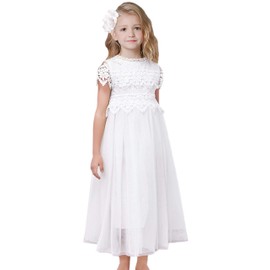 2Bunnies Girl Boho Bohemian Rustic Communion Crochet Lace A-Line Tulle Flower Girl Dress (White Cap Sleeve Maxi, 7-8 Years)