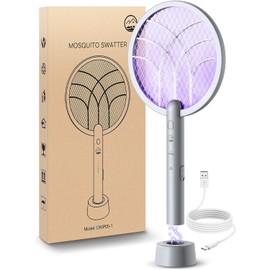 Electric Fly Swatter Racket, Mosiller 2 in 1 Smart Bug Zapper & Power Take Off Generators with USB Rechargeable Base, Powerful Mosquitoes Trap Lamp & Fly Killer for Home, Bedroom (Light Grey（1 Pack）)