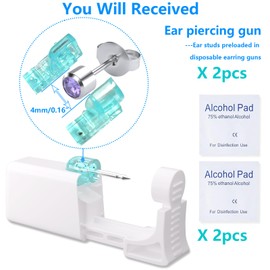 YINPAD Ear Piercing Kit - Disposable Piercing Gun Preloaded with Different Style 4 mm Studs, at Home Self Piercer Kit (Classic Purple Diamond)