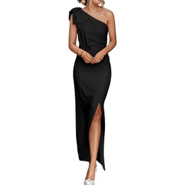 PRETTYGARDEN Women's Summer One Shoulder Long Formal Dresses Sleeveless Ruched Bodycon Wedding Guest Slit Maxi Dress (Black,Large)