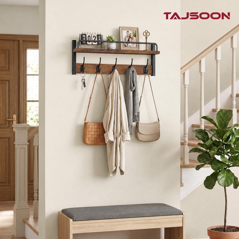 Tajsoon Coat Hanger Wall Mount with Shelf and Guardrail, 16.3"