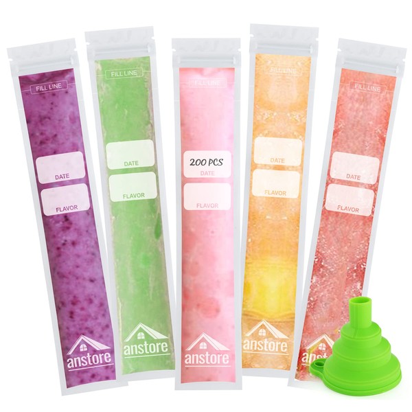 200 PCS Ice Pop Bags Disposable DIY Ice Popsicle Mold Bags BPA Free Freezer Tubes with Zip Seals, Ice Candy Bags with Funnel for Healthy Snacks, Yogurt Sticks, Juice & Fruit Smoothies