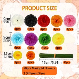 50 Pcs Marigold Flowers Artificial Marigolds Flower Heads Silk Floral with 50 Stems for Diwali Home Mexican Party DIY Decor, 2 Sizes Flowers