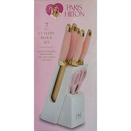 7-Piece Kitchen Knife Set with Wood Block, Pink Handle, Includes 8in Chef Knife, 8in Bread Knife, 5in Santoku, 5in Utility, 3.5in Paring Knife, Kitchen Shears