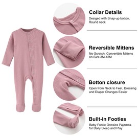 BINIDUCKLING Baby 2-Pack Cotton Snap-Up Sleepsuit - Baby Footed Pajamas with Mitten Cuffs - Long Sleeve Baby Onesies Grows 3-6 Months, Pink and White