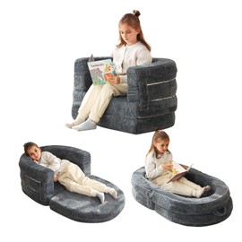 Welnow Travel Toddler Bed, 3-in-1 Convertible Toddler Portable Floor Beds, Kids Flip Out Foldable Sofa Bed with Washable Cover & High-Density Foam for Girls and Boys, Dark Grey