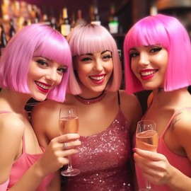 Pelucas Sintéticas para Mujer, Peluca Corta De Bob con Flequillo Pelucas de colores, Neón para Halloween Carnaval de Navidad de Mujer (Pink)