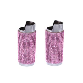 2 (Two) Silver Mirrored Bling Bedazzled Lighter Case Cover Sleeves with Pink Rhinestones LS63