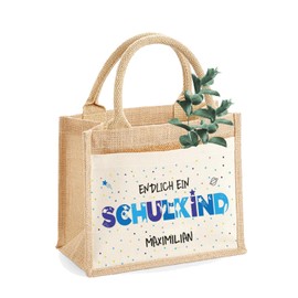 AMBERGER DESIGN by A&M Osterhage amd Jute-Tasche Endlich Schulkind Motiv Astronaut | Jute-Beutel Kinder personalisiert | Größe S Geschenk Einschulung
