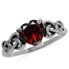 Silvershake 7MM Heart Shape 925 Sterling Silver Celtic Heart Knot Filigree Solitaire Promise Ring Jewelry for Women, 4, Sterling Silver Rhodium/White Gold & Antique Finishing, natural red garnet