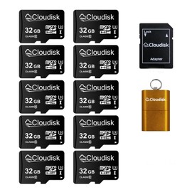 Cloudisk Pack of 10 Micro SD Card 32GB Flash Memory Card C10 A2 U3 Micro SDHC with SD Adapter, Card Reader