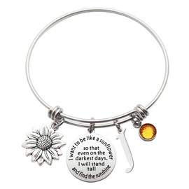 Eilygen Sunflower Bracelet Gift Initial Charm Bracelet 26 Letters Adjustable Bracelet for Women Encouragement Jewelry for Her (Sunflower Bangle J)