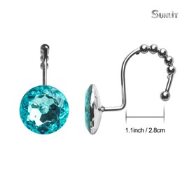 Sunlit Luxury Design Round Teal Blue Diamond Crystal Gem Bling with Glide Balls Shower Curtain Hooks for Mermaid Shower Curtains, Rust Proof Metal Rhinestones Glam Shower Curtain Rings-12 Pack