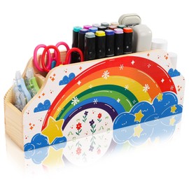 ELFULLY Rainbow Wooden Pencil Holder, 5-Comparment Decorative Desk Organizer, Desktop Storage Pen Holder Caddy for Teacher Appreciation, Birthday Gifts, Crayon, Paint Brushes, Art Studio & Office