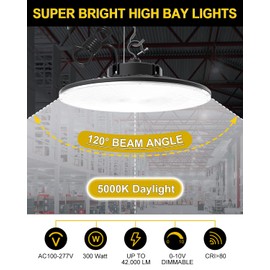 ADUB LED High Bay Light 300W 42000 LM, UL DLC Listed UFO High Bay Lights Dimmable 0-10V, 5000K Low Bay Shop Light Fixture, IP65 Commercial Warehouse Area Lighting for Factory Gym Garage, AC100-277V