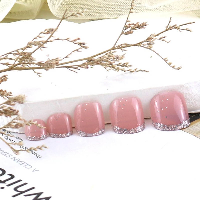 Square Press on Toenails Pink Fake Toenails with Glitter Design