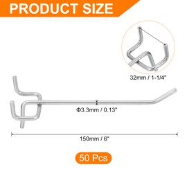uxcell 50Pcs 6" Pegboard Hooks, L Shape Metal Wall Hooks, Pegboard Tool Accessories Fit 1/8" Pegboard 32mm Hole Distance for Wall Organizing, Garage, Kitchen, Store, Silver