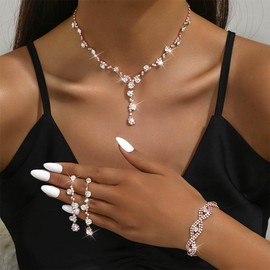 Sixexey Rhinestone Jewelry Set Sparkly Prom Jewelry Necklace Wedding Necklace Jewelry Accessories for Women (Rose Gold)