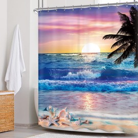 Newsely Ocean Sunrise Shower Curtain 60Wx72H Inch Beach Tropical Palm Tree Hawaiian Sunset Coastal Scenery Sea Wave Shower Curtain Bathroom Set Summer Waterproof Bath Decoration Accessories Home Decor
