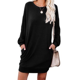PrinStory Women's Long Sleeves Dresses Causal Loose Round-Neck Tuinc Tops Basic Dress with Side Pockets US XX-Large Black