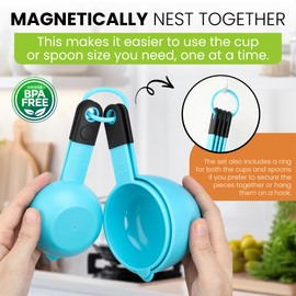 Spring Chef Magnetic Measuring Cups and Spoons Set of 9, Nesting Plastic Kitchen Tool with Easy to Read Markings - Measure Dry or Liquid Ingredient, BPA Free, Aqua Sky