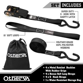 Otherya TIE Down Strap Ratchet Tie Down Straps - 4 Pk-15 Ft 1760 Lb Break Strength - Cargo Straps for Securing Motorcycle, Kayak, Truck, Trailer and Boat Lawn Equipment- Includes 4 Soft Loops （Black）