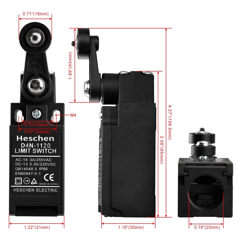 Heschen Vertical Safety Limit Switch, D4N-1120, 1NC/1NO, Fast-Action Type, 3A