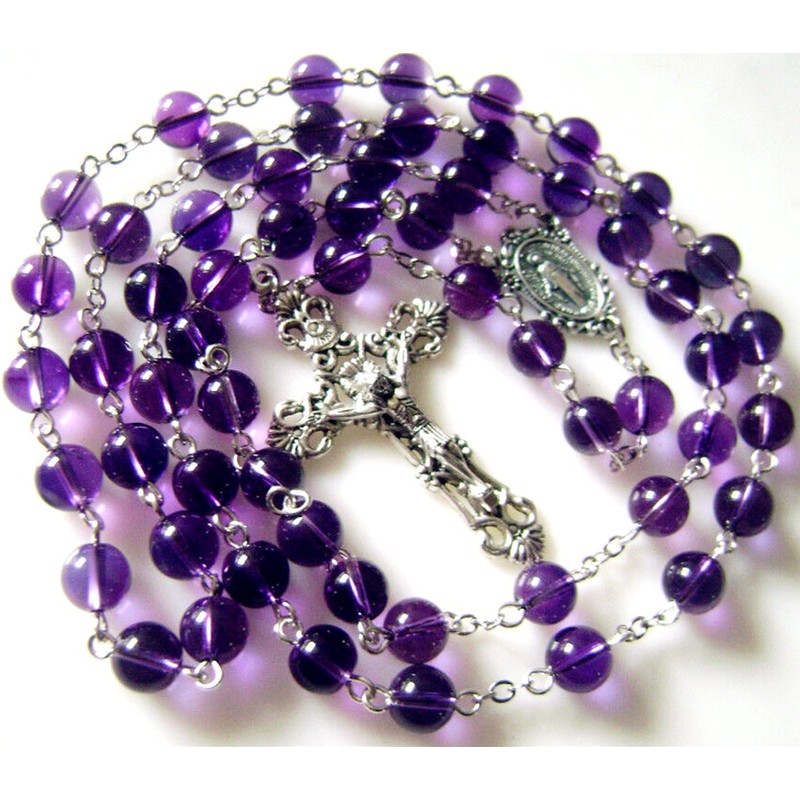 elegantmedical 8MM Amethyst Beads Rosary Cross Crucifix Catholic Necklace