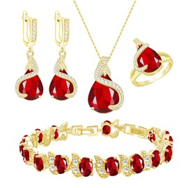 GZWHD Red Created Ruby Gold Plated Jewelry Set for Women Valentine's Day Gifts Water Drop Earrings Pendant Necklace Open Ring Bracelet Set Gifts for Wife Mother Friend