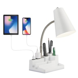 E26 Desk Lamp with 1 USB Charging Port and 1 AC Outlet, Organizer Base, Adjustable Neck, On/Off Switch, Modern Table Lamp for Reading, Working, Studying, Gentle Warm White Light, Eye Protect
