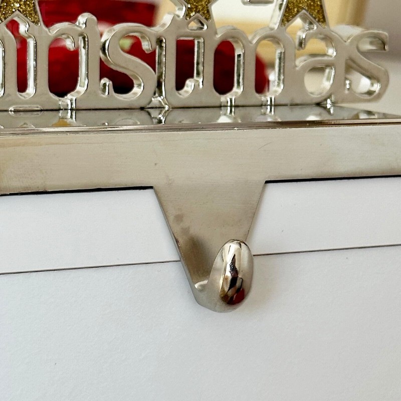 Christmas Stocking Hanger 16cm Merry Christmas Chrome Silver Gold Stars