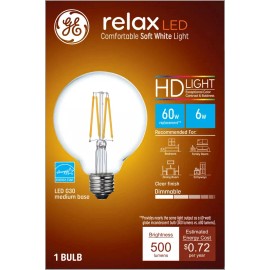GE Lighting (case of 3) GE relax HD LED G30 Globe, Soft White, 6 watt, 500 lumens, medium